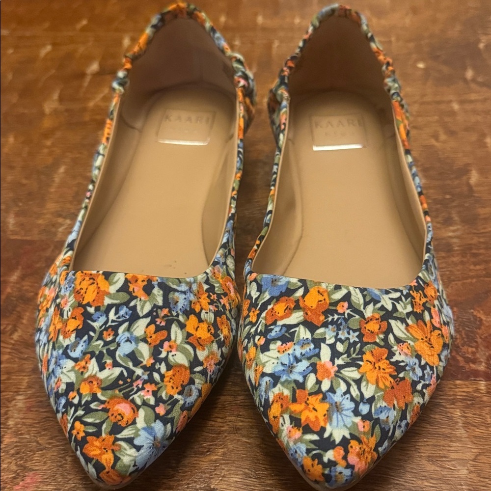 Kaari Blue, Jessica Orange & Blue Floral Pointed Ballet Flats, 9.5